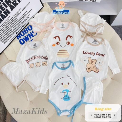 Bodysuit Cho Bé Body Chip Dài Tay Vải Tăm Lạnh Tặng Kèm Mũ - Hình ảnh 4