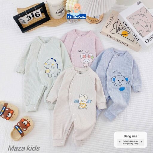 Bodysuit cho bé, body dài tay vải Nỉ nhung nền màu in họa tiết - Hình ảnh 3